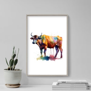 May include: Watercolour painting of a brown cow with colourful accents. The cow is standing on a white background with splashes of colour.