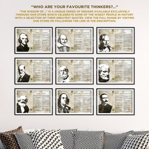 K&ouml;nnte beinhalten: Eine Collage aus neun schwarzen gerahmten Drucken mit Portr&auml;ts ber&uuml;hmter Denker, darunter Thomas Jefferson, William Shakespeare, Cicero, Sigmund Freud, Platon, Aristoteles, Karl Marx, Benjamin Franklin und Rudyard Kipling. Jeder Druck enth&auml;lt ein Zitat des Denkers und seinen Namen.