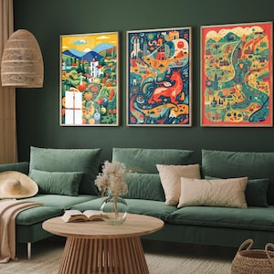 Set of Three Wales Knolling Art Prints - 3 Welsh Map Landscape Paintings - Photo Poster Wall Art Gift Giclée Museum UK Illustrations Dragon