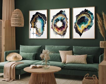 Set of Three Geode Watercolour Art Prints - 3 Crystal Stone Paintings - Poster Home Wall Décor Gift Giclée - Quartz, Pyrite, Dolomite, Opal