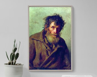 Ilya Repin - A Shy Peasant (1877) - Classic Painting Photo Poster Print Art Gift Home Wall Decor - Poor Nervous Old Bearded Man