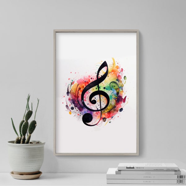 Music Note Watercolour - Art Print Poster - Colourful Paint Splashes - Gift Home Wall Décor Giclee - Double Clef, Notation, Music Room