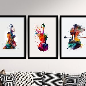 Set of Three Musical Violin Watercolour Prints - 3 Art Paintings Poster Photo Wall Gift Museum Giclée - Gift for Violinist, Music Room