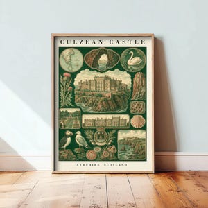 May include: A framed poster titled CULZEAN CASTLE AYRSHIRE, SCOTLAND, featuring a dark green background with multiple illustrations including the castle, a swan, a puffin, a thistle, a seashell, and a coat of arms in a vintage style.