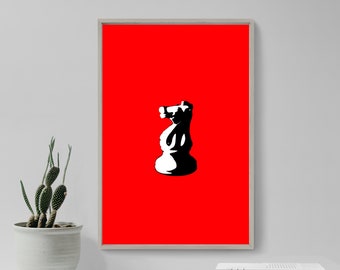 The Iconic Object Series: "Chess Knight" - Original Art Print Photo Poster Gift Home Wall Decor - Chessboard Piece Red White Horse Night