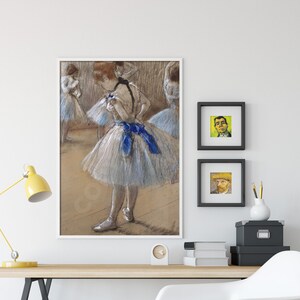May include: A pastel drawing of a ballerina in a white tutu with a blue sash, practicing in a dance studio with other ballerinas.