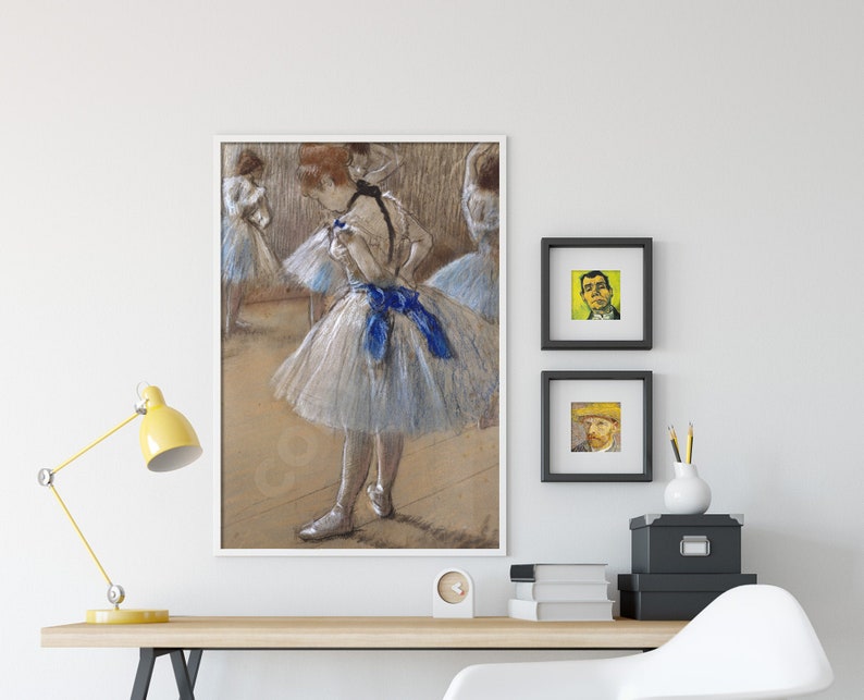 May include: A pastel drawing of a ballerina in a white tutu with a blue sash, practicing in a dance studio with other ballerinas.