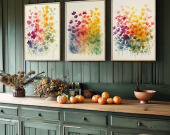 Set of Three Emotive Watercolour Flower Prints V10- 3 Floral Bouquet Orange Yellow Paintings - Photo Poster Wall Art Gift Fauna Wildflower