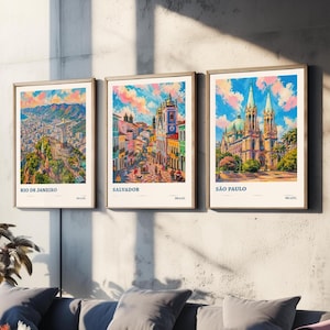 Set of Three Brazil Travel Posters - Rio de Janeiro, Salvador, Sao Paulo - 3 Modern Art Prints - Photo Painting Gift Map Visit L2 Revise