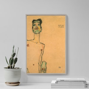 Egon Schiele – Mime van Osen (1910) – Klassisches Gemälde, Fotoposter, Kunstdruck, Geschenk, Wanddekoration – Porträt eines Mannes mit grünem Oberteil und knochigem Oberkörper