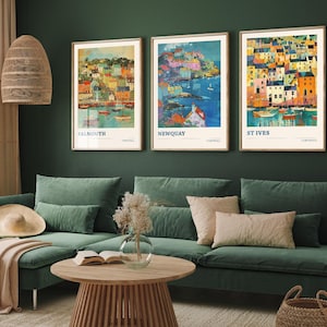 Set of Three Cornwall Travel Posters - Falmouth, Newquay, St Ives - 3 Modern Art Prints - Photo Painting Illustration Gift Visit Map V6