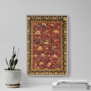 May include: A framed print of a vintage rug with a red background and a repeating pattern of gold animals and floral motifs. The rug has a dark blue border.