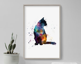 Black Cat and Stars Watercolour - Art Print Poster - Colourful Paint Splashes - Gift Home Wall Décor Giclee - Cat Lover, Feline
