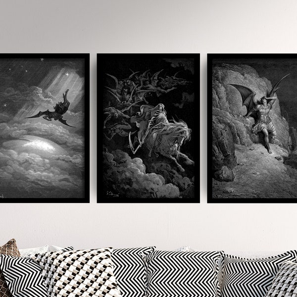 Set of Three Gustave Dore Prints - 3 Classic Paintings - Photo Poster Wall Art Gift Giclée Museum Quality - Fall of Satan Descending