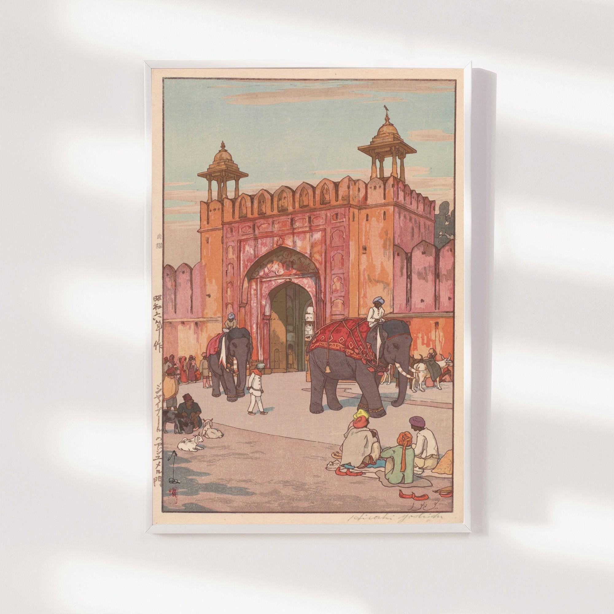 吉田博、【ジャイプールのアジュメル門】、希少画集画、高級新品額・額装付 吉田博 - アジメール門 ジャイプール (1931) シリーズ「インドと
