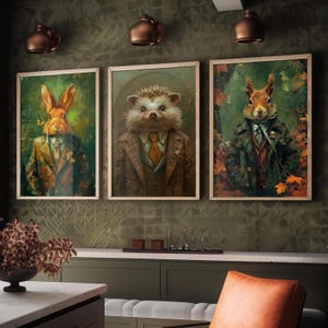 Lot de trois affiches Charmers des bois, animaux en costume, 3 affiches Lapin, Hérisson, Écureuil - Peinture murale photo cosy
