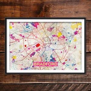 Bradford Map - Original Art Print (Rainbow) - City Street Map of Bradford, England - Poster Watercolor Illustration Wall Art Home Decor Gift
