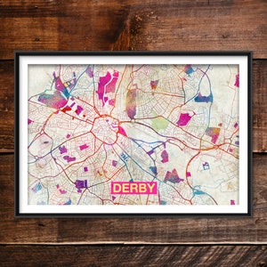 Carte de Derby - impression d'art originale (arc-en-ciel) - plan des rues de la ville de Derby, Angleterre - affiche Illustration aquarelle art mural décoration d'intérieur cadeau