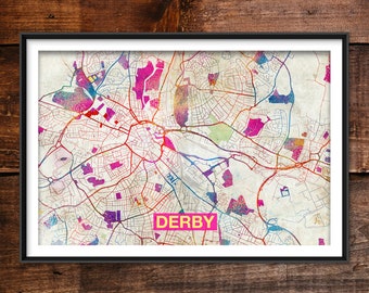 Derby Map - Original Art Print (Rainbow) - City Street Map of Derby, England - Poster Watercolor Illustration Wall Art Home Decor Gift