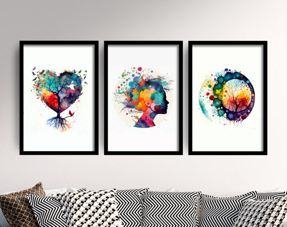 Set of Three Psychology Watercolour Prints 3 Art Paintings Poster Photo Wall  Gift Museum Giclée Brain, Tree, Heart, Microbiology, Head 