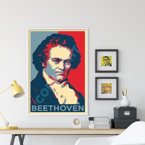 May include: A red, white, and blue poster with a portrait of Ludwig van Beethoven. The poster has the text "Hope" and "Beethoven" on it.