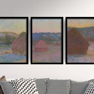 Set of Three Claude Monet Prints - The Haystacks Collection - 3 Paintings - Photo Poster Wall Art Gift Giclée Wheat Harvest #V2