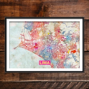 Lima City Map - Original Art Print (Rainbow) - City Street Map of Lima, Peru - Poster Watercolor Illustration Wall Art Home Decor Gift