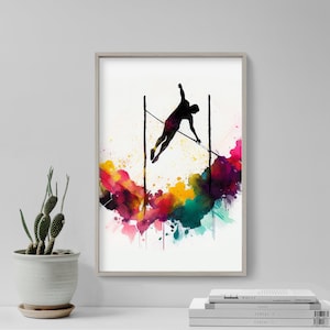 High Jump Watercolour Art Print Poster - Colourful Paint Splashes - Gift Home Wall Décor Giclee - Pole Vault, Jumping, Athletics