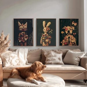 Set of Three Patchwork Safari Posters - 3 Cat Bunny Rabbit Dog Art Prints - Photo Painting Wall Gift Giclée Décor Kids Toy Favourite Nursery