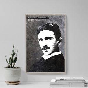 May include: A black and white portrait of Nikola Tesla, a famous inventor and engineer. The image has a distressed, vintage look and includes the text "THE ICONS OF ENGINEERING #14" and "NIKOLA TESLA (1856-1943)".