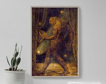 May include: Framed print of a classical painting depicting a muscular figure holding a circular object, set against a backdrop of dark curtains and stars. The artwork features warm, earthy tones and a detailed, textured style.
