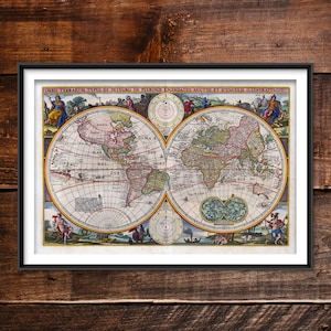 World Map (1657) - Old Vintage Historic Print - Map of Globe Art Poster Wall Home Decor - Cartography Ancient Circles