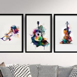 Set of Three Musical Instruments Watercolour Prints - 3 Art Paintings Poster Photo Wall Gift Museum Giclée - Guitar, Trumpet, Violin, Music
