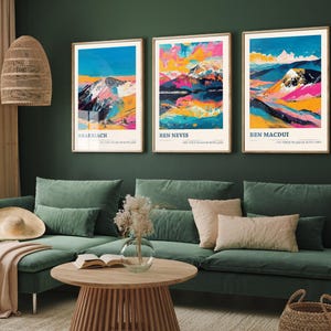 Set of Three Peaks of Scotland Posters - Braeriach, Ben Nevis, Ben Macdui - 3 Art Prints Painting Illustration Gift Visit Map Mount Mountain