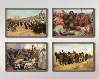 Set of Four Ilya Repin Prints - 4 Classic Paintings - Photo Poster Wall Art Gift Giclée Museum Quality - Sand Tones, Muted Yellows, Crowds
