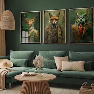 Set of Three Woodland Animals Wearing Suits Paintings - 3 Deer Fox Owl Art Prints - Photo Poster Wall Gift Giclée Décor