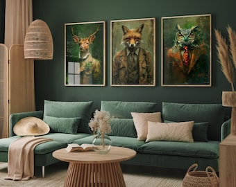 Set of Three Woodland Animals Wearing Suits Paintings - 3 Deer Fox Owl Art Prints - Photo Poster Wall Gift Giclée Décor