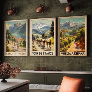 Vintage Cycling Posters - Giro D&#39;Italia, Tour de France, Vuelta a Espana Art Prints - 3 Bicycle Painting Gift Grand Tour Road Set of Three