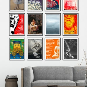 May include: A collage of nine motivational posters with quotes and images. The posters are framed in black and hung on a white wall. The posters feature images of a ballerina, a man with a beard, a woman with long hair, a ship, a surfer, a Buddha statue, and a man with a beard. The posters also feature quotes from Benjamin Franklin, Socrates, and Buddha.