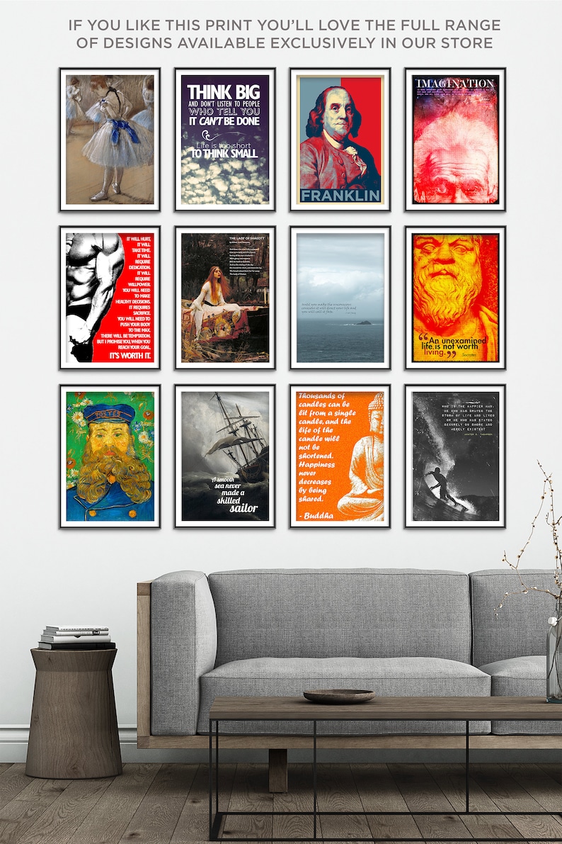 May include: A collage of nine motivational posters with quotes and images. The posters are framed in black and hung on a white wall. The posters feature images of a ballerina, a man with a beard, a woman with long hair, a ship, a surfer, a Buddha statue, and a man with a beard. The posters also feature quotes from Benjamin Franklin, Socrates, and Buddha.