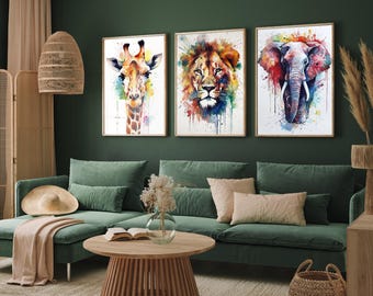 Animal Portraits Set of Three Paintings - Close Up Watercolour Art Prints - Giraffe, Lion and Elephant Posters - Home Wall Décor Safari