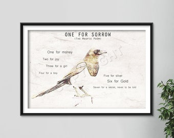 One For Sorrow Original Art Print - The Magpie Song Poem - 12x8 Inch Photo Poster Gift  Quote - Superstition Nursery Rhyme Boy Girl