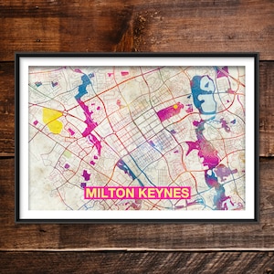 Milton Keynes Map - Original Art Print (Rainbow) - City Street Map of Milton Keynes, England - Poster Watercolor Wall Art Home Decor Gift