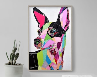 Painting of A Rat Terrier Covered in Colorful Pieces of Paper - Art Print Poster Painting - Giclee Home Wall Décor