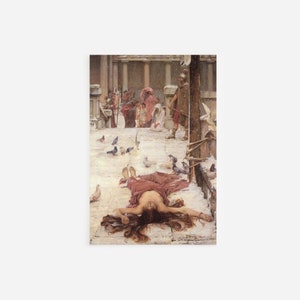 May include: A painting depicting a woman lying dead in a snowy courtyard. She is dressed in a red robe and her long hair is spread out around her. Several pigeons are scattered around her body. In the background, a group of people are walking away.