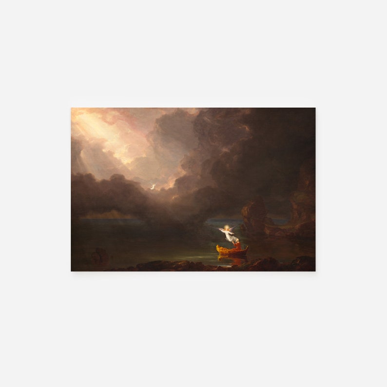 Puede incluir: Una pintura que representa un peque&ntilde;o bote con una persona en &eacute;l, siendo elevado por una luz brillante en un mar tormentoso. El cielo est&aacute; oscuro y tormentoso, con una luz brillante que brilla a trav&eacute;s de las nubes. El mar est&aacute; oscuro y agitado.