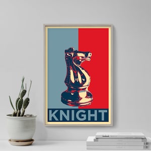 May include: A black chess knight piece in a pop art style with a red, white and blue background. The text "KNIGHT" is printed below the piece.