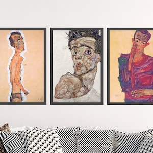 Set of Three Egon Schiele Self-Portrait Prints - 3 Classic Paintings - Photo Poster Wall Art Gift Giclée - Bare Shoulder #ATTEMPT4