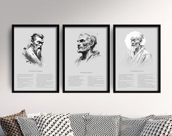 Set of Three Wisdom Prints - 3 Paintings Poster Wall Art Gift Giclée - Quotes, Confucius, Seneca, Lao Tzu, Wise Sayings,  Pencil Drawings