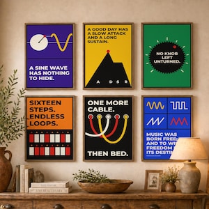 May include: Six framed wall art prints featuring music production themes with bold colours and text. The prints display graphics of sine waves, ADSR envelopes, control knobs, step sequencers, patch cables, and waveforms with captions like A SINE WAVE HAS NOTHING TO HIDE.